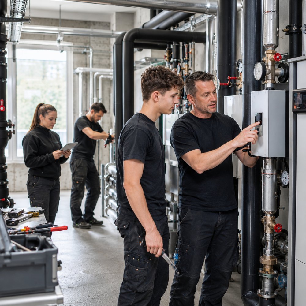 Team aus Fachkräften bei der Arbeit an moderner Gebäudetechnik in einem Technikraum – Zusammenarbeit, Weiterbildung und technische Kompetenz.
